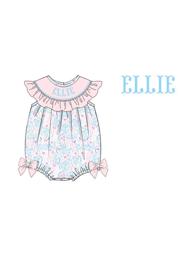 The Smocked Flamingo Pre-Order Hand Smocked Custom Name Pastel Bunny Bubble