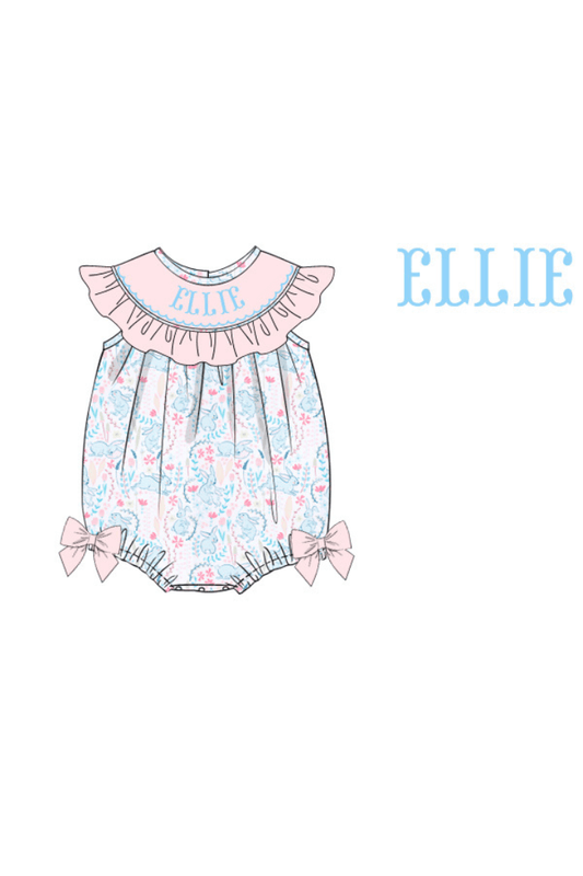 The Smocked Flamingo Pre-Order Hand Smocked Custom Name Pastel Bunny Bubble