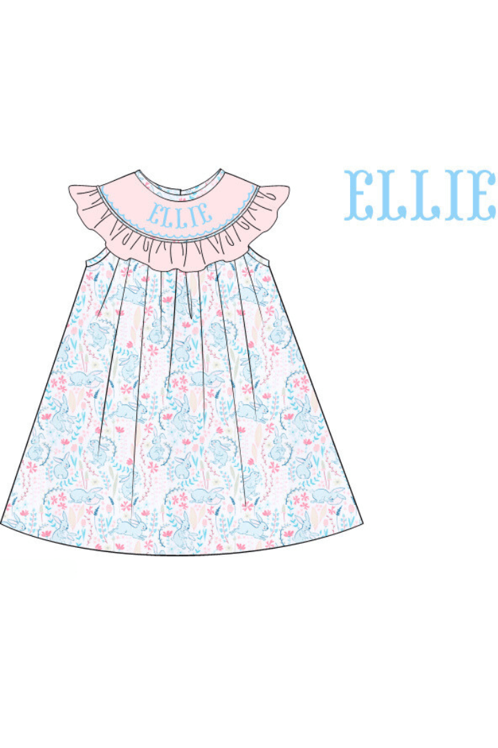 The Smocked Flamingo Pre-Order Hand Smocked Custom Name Pastel Bunny Dress