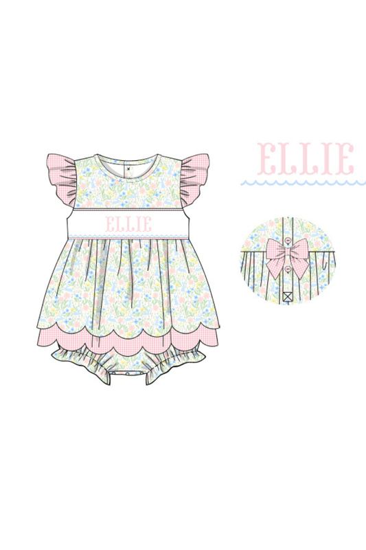 The Smocked Flamingo Pre-Order Hand Smocked Custom Name Pastel Easter Floral Skirted Bubble
