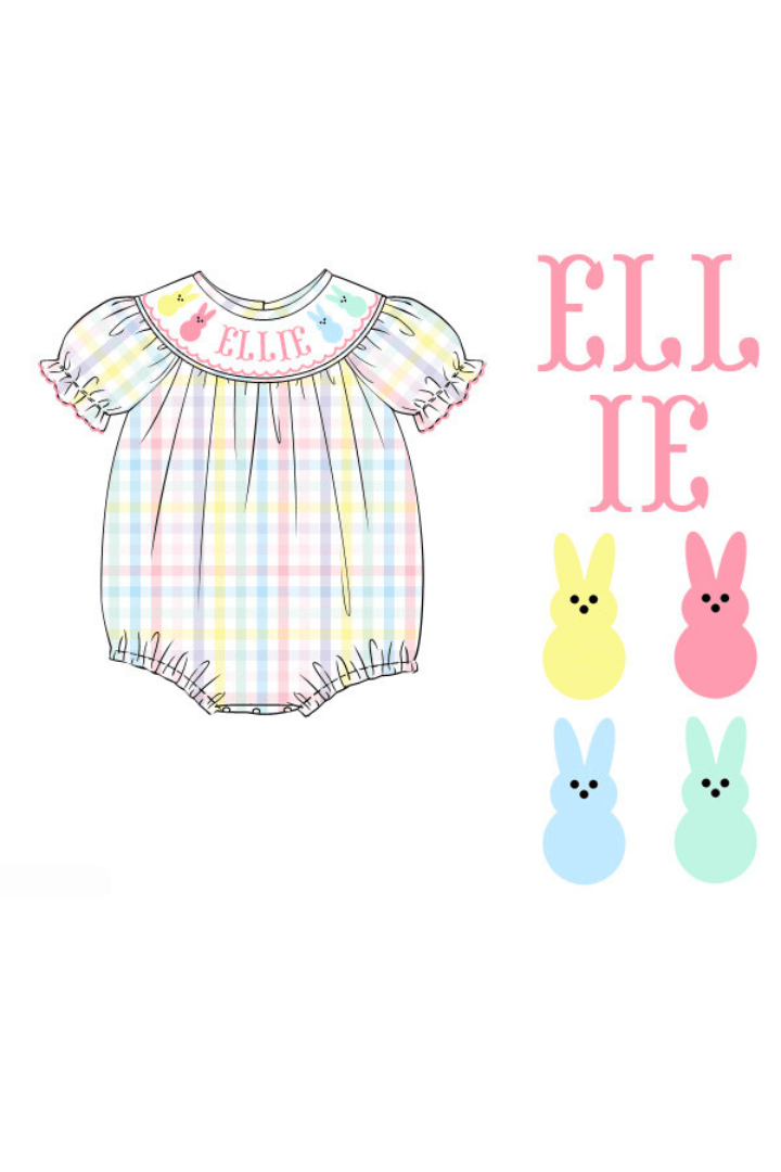 The Smocked Flamingo Pre-Order Hand Smocked Custom Name Pastel Plaid Peep Bubble