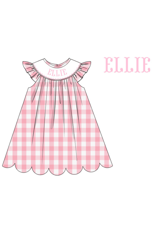 The Smocked Flamingo Pre-Order Hand Smocked Custom Name Pink and White Gingham Dress