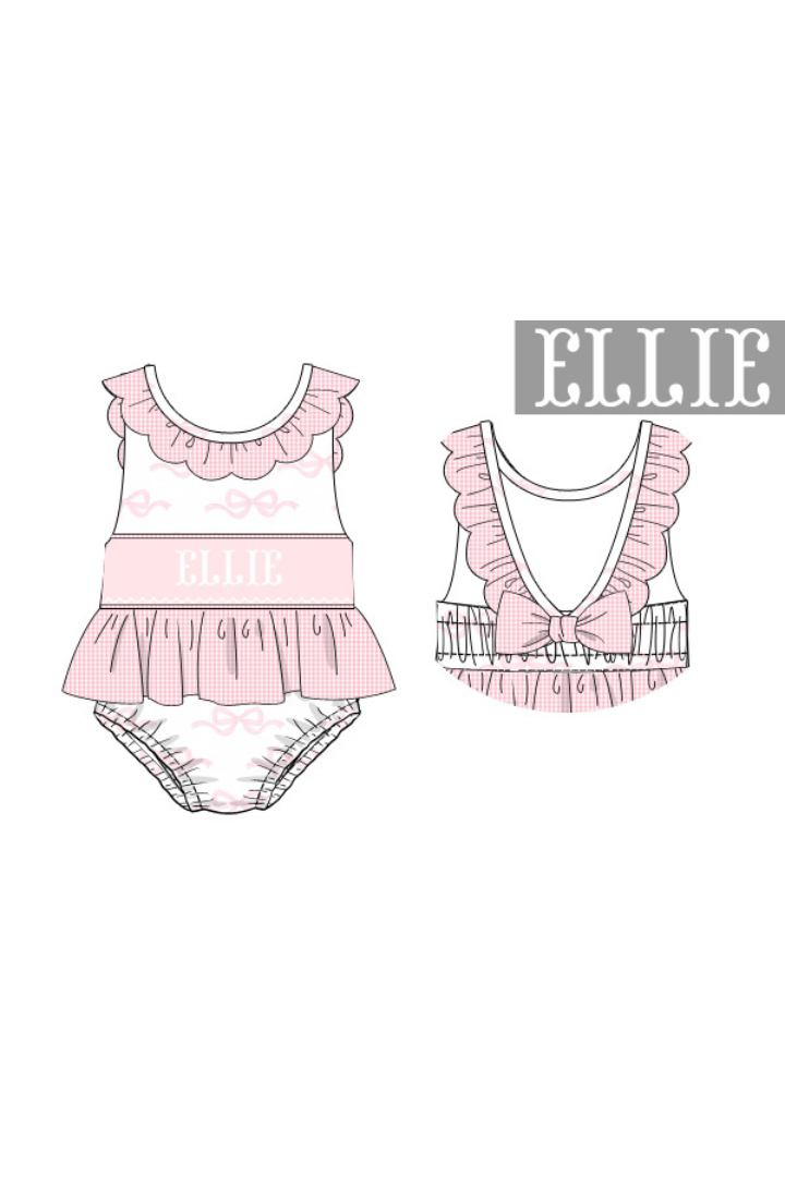 The Smocked Flamingo Pre-Order Hand Smocked Custom Name Pink Bow Swimsuit