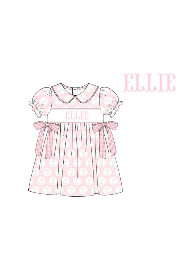 The Smocked Flamingo Pre-Order Hand Smocked Custom Name Pink Bunny Dress