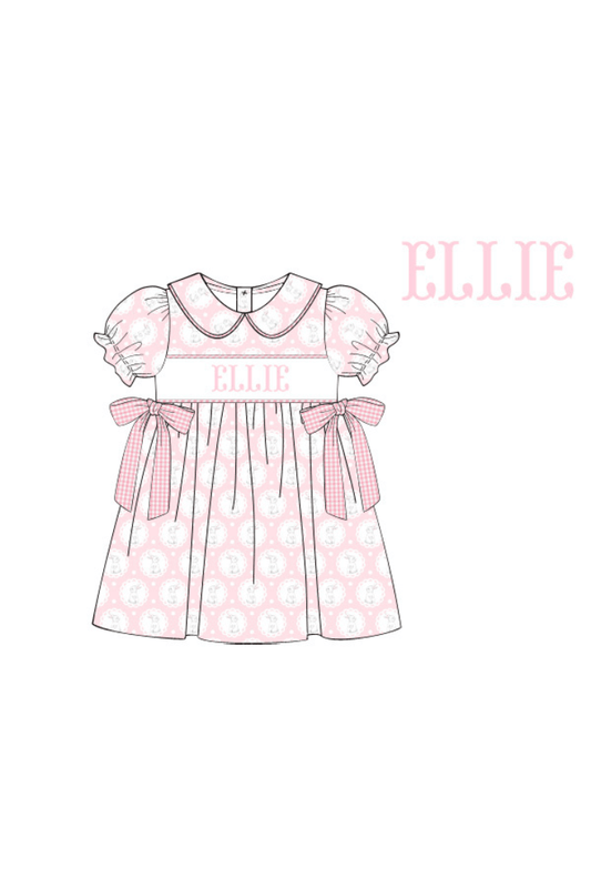 The Smocked Flamingo Pre-Order Hand Smocked Custom Name Pink Bunny Dress