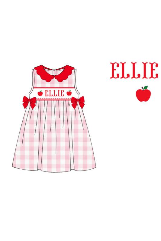 The Smocked Flamingo Pre-Order Hand Smocked Custom Name Pink Gingham Apple Dress