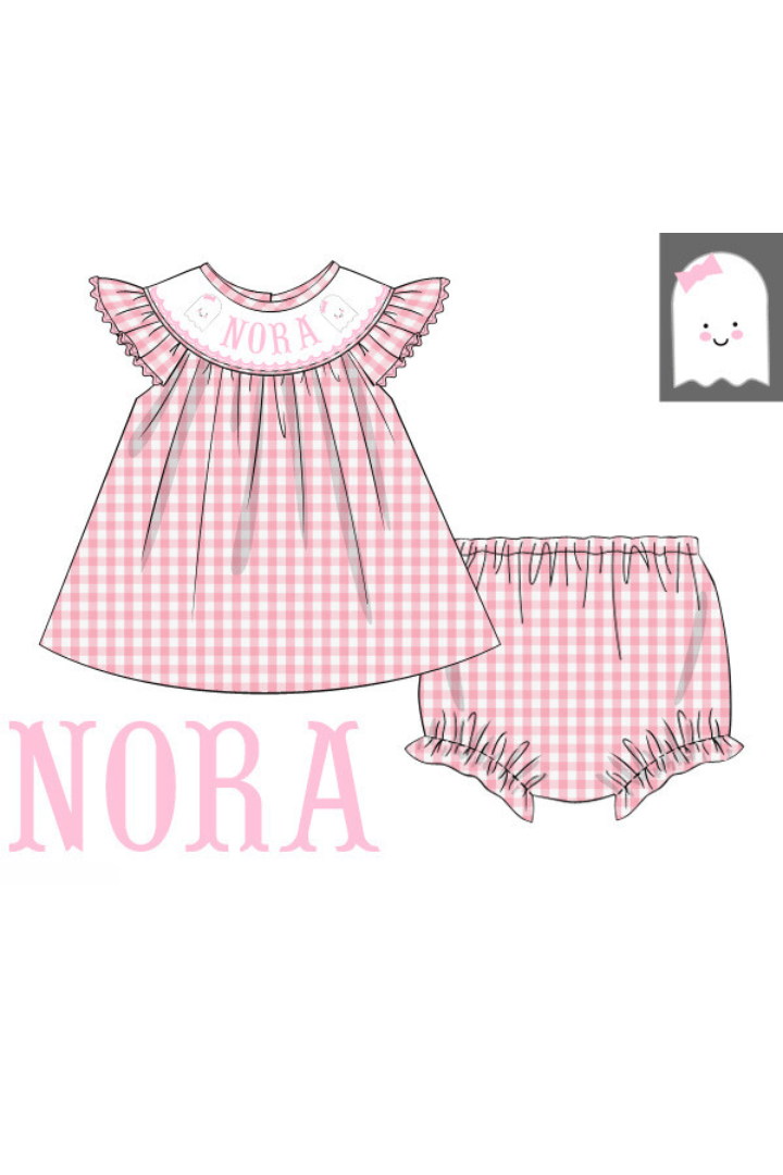 The Smocked Flamingo Pre-Order Hand Smocked Custom Name Pink Gingham Ghost Bloomer Set