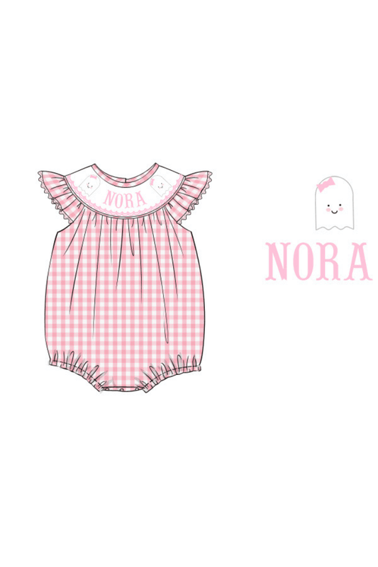The Smocked Flamingo Pre-Order Hand Smocked Custom Name Pink Gingham Ghost Bubble