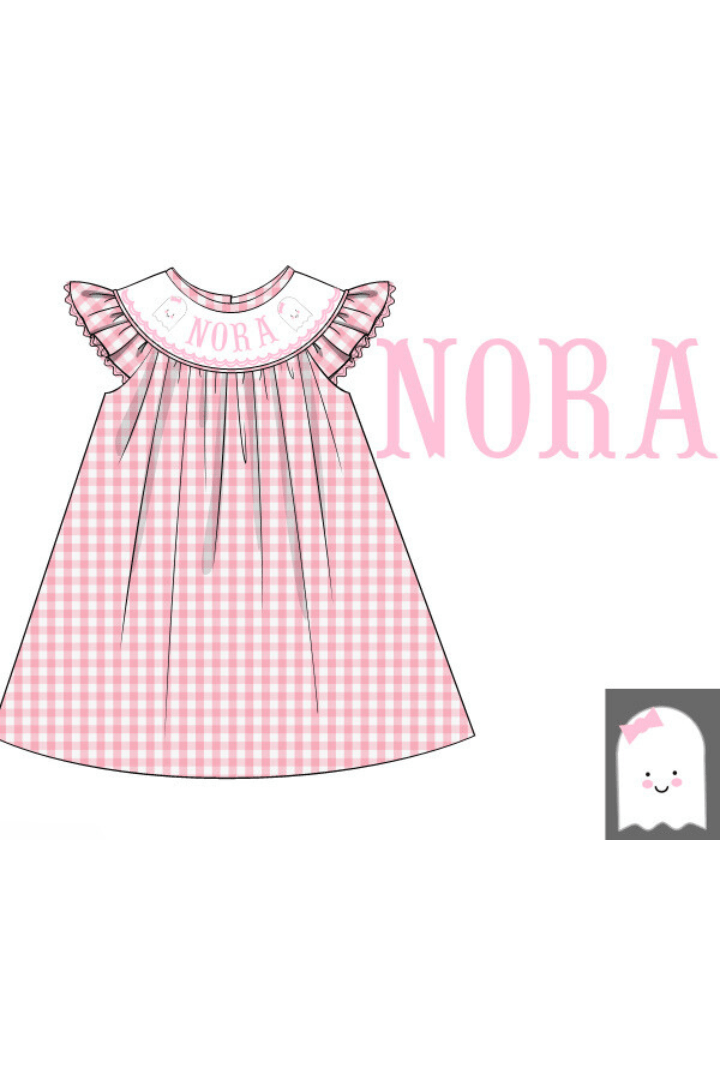 The Smocked Flamingo Pre-Order Hand Smocked Custom Name Pink Gingham Ghost Dress
