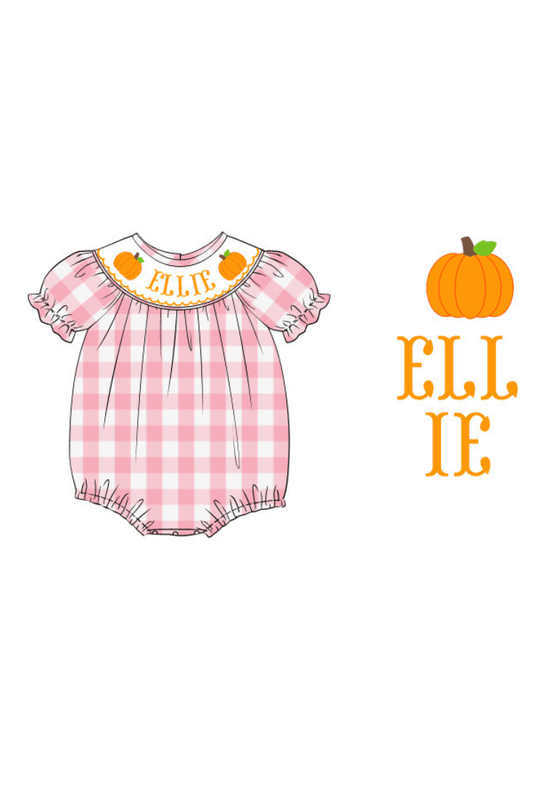 The Smocked Flamingo Pre-Order Hand Smocked Custom Name Pink Gingham Pumpkin Bubble
