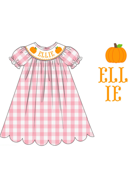The Smocked Flamingo Pre-Order Hand Smocked Custom Name Pink Gingham Pumpkin Dress