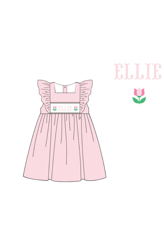 The Smocked Flamingo Pre-Order Hand Smocked Custom Name Pink Gingham Tulip Dress