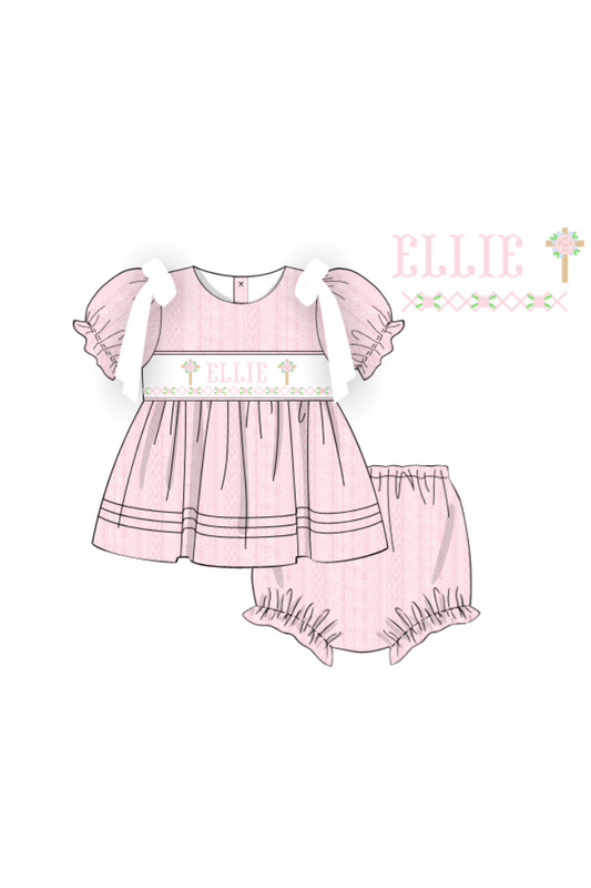 The Smocked Flamingo Pre-Order Hand Smocked Custom Name Pink Linen Cross Bloomer Set
