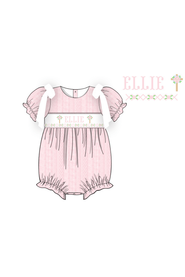 The Smocked Flamingo Pre-Order Hand Smocked Custom Name Pink Linen Cross Bubble