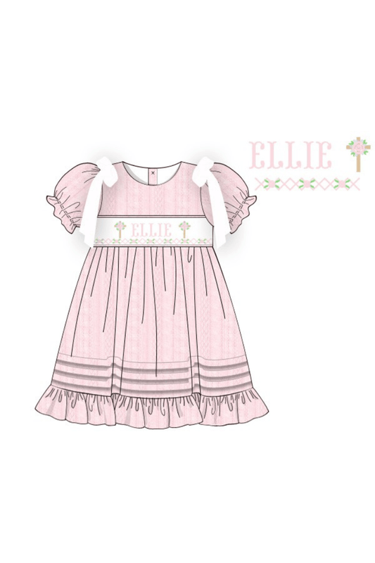 The Smocked Flamingo Pre-Order Hand Smocked Custom Name Pink Linen Cross Dress