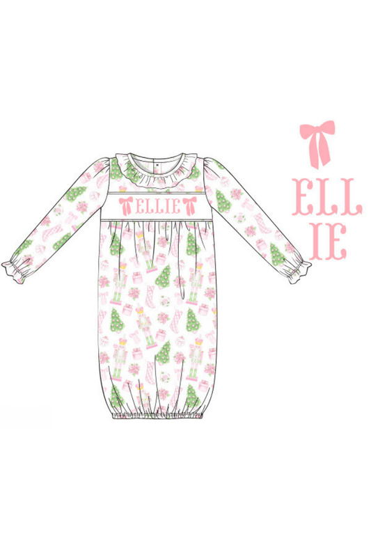 The Smocked Flamingo Pre-Order Hand Smocked Custom Name Pink Nutcracker Baby Gown