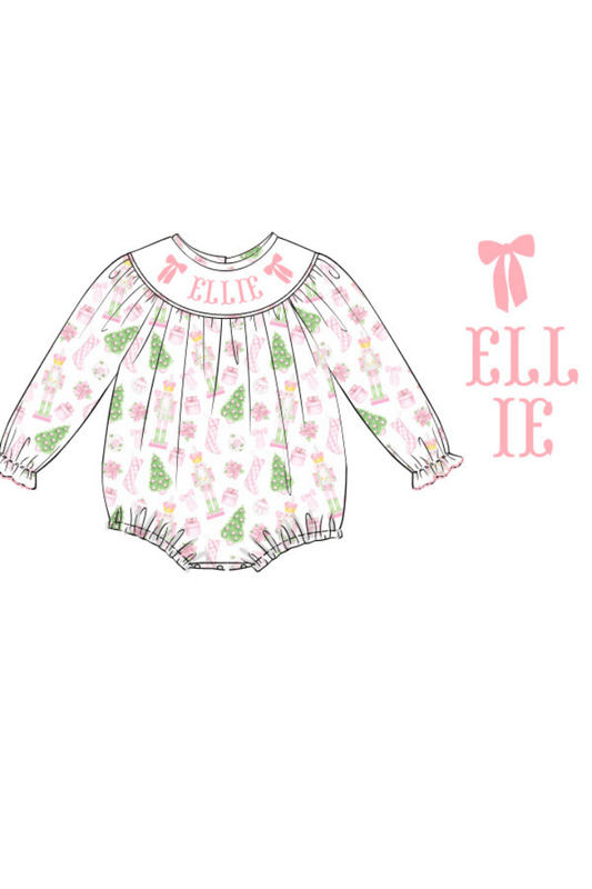 The Smocked Flamingo Pre-Order Hand Smocked Custom Name Pink Nutcracker Bubble