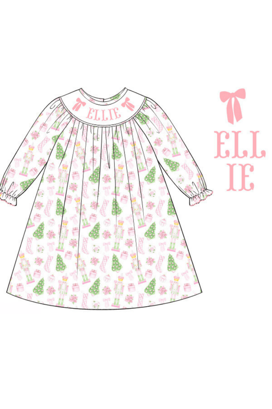The Smocked Flamingo Pre-Order Hand Smocked Custom Name Pink Nutcracker Dress