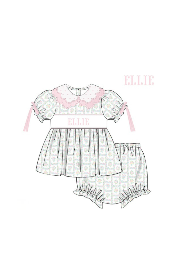 The Smocked Flamingo Pre-Order Hand Smocked Custom Name Pink Patchwork Floral Bloomer Set