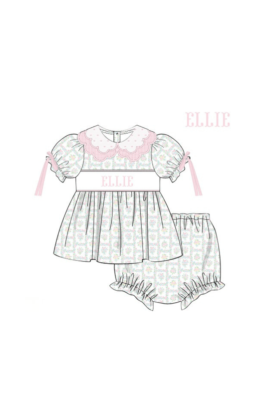 The Smocked Flamingo Pre-Order Hand Smocked Custom Name Pink Patchwork Floral Bloomer Set