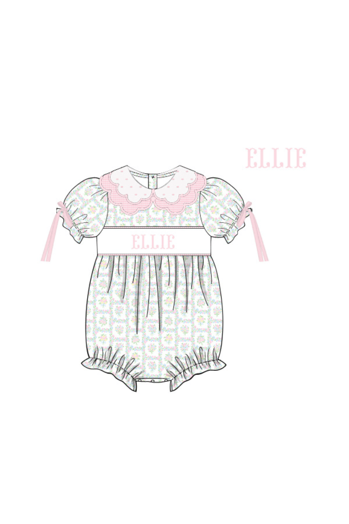 The Smocked Flamingo Pre-Order Hand Smocked Custom Name Pink Patchwork Floral Bubble