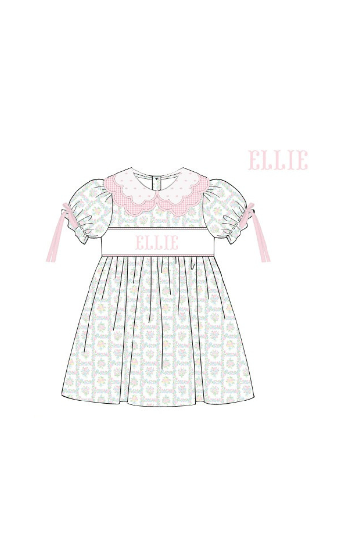 The Smocked Flamingo Pre-Order Hand Smocked Custom Name Pink Patchwork Floral Dress