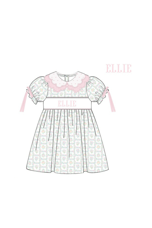 The Smocked Flamingo Pre-Order Hand Smocked Custom Name Pink Patchwork Floral Dress