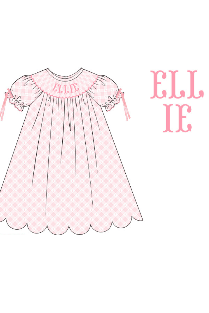 The Smocked Flamingo Pre-Order Hand Smocked Custom Name Pink Plaid Bunny Dress