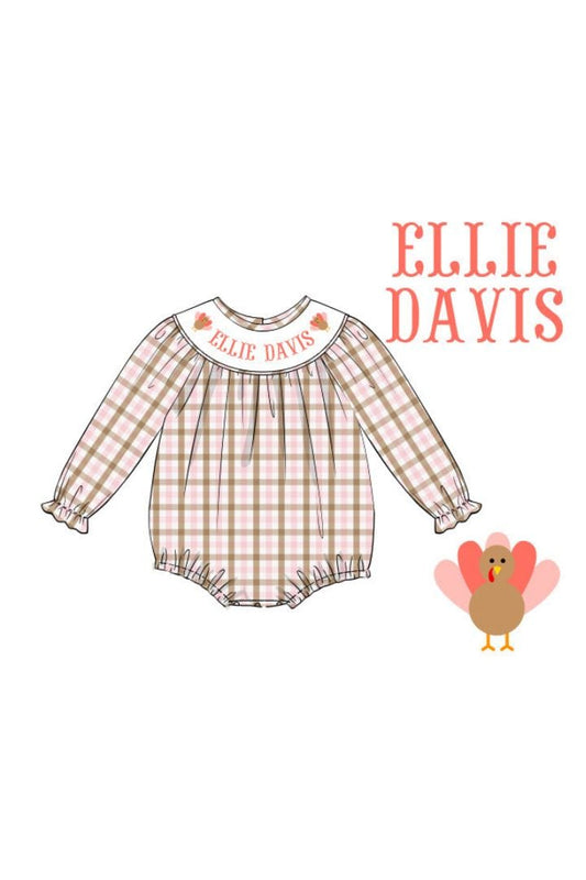 The Smocked Flamingo Pre-Order Hand Smocked Custom Name Pink Plaid Turkey Bubble