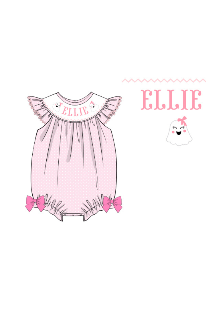 The Smocked Flamingo Pre-Order Hand Smocked Custom Name Pink Polka Dot Ghost Bubble