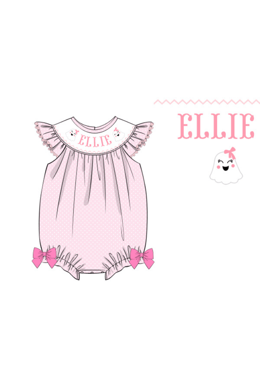 The Smocked Flamingo Pre-Order Hand Smocked Custom Name Pink Polka Dot Ghost Bubble