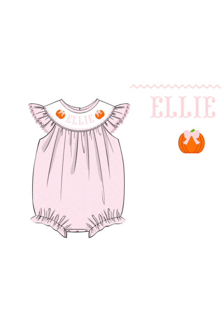 The Smocked Flamingo Pre-Order Hand Smocked Custom Name Pink Polka Dot Pumpkin Bubble