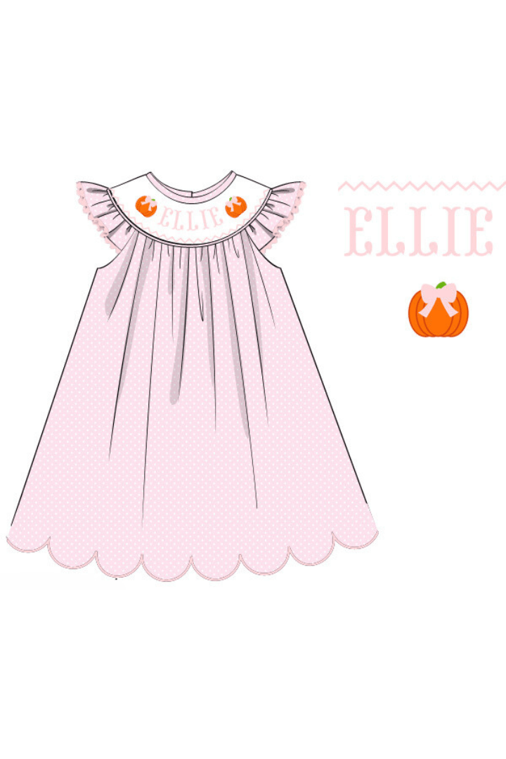 The Smocked Flamingo Pre-Order Hand Smocked Custom Name Pink Polka Dot Pumpkin Dress