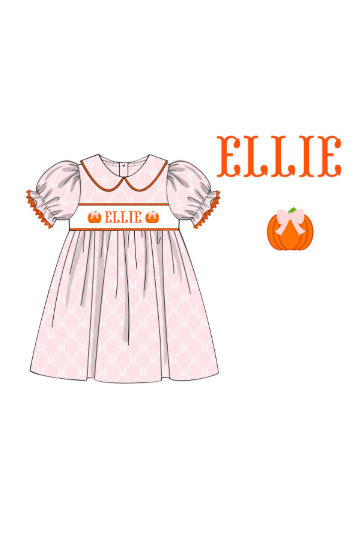 The Smocked Flamingo Pre-Order Hand Smocked Custom Name Pink Pumpkin Bow Dress