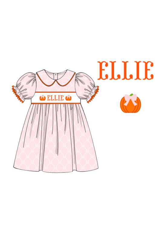 The Smocked Flamingo Pre-Order Hand Smocked Custom Name Pink Pumpkin Bow Dress