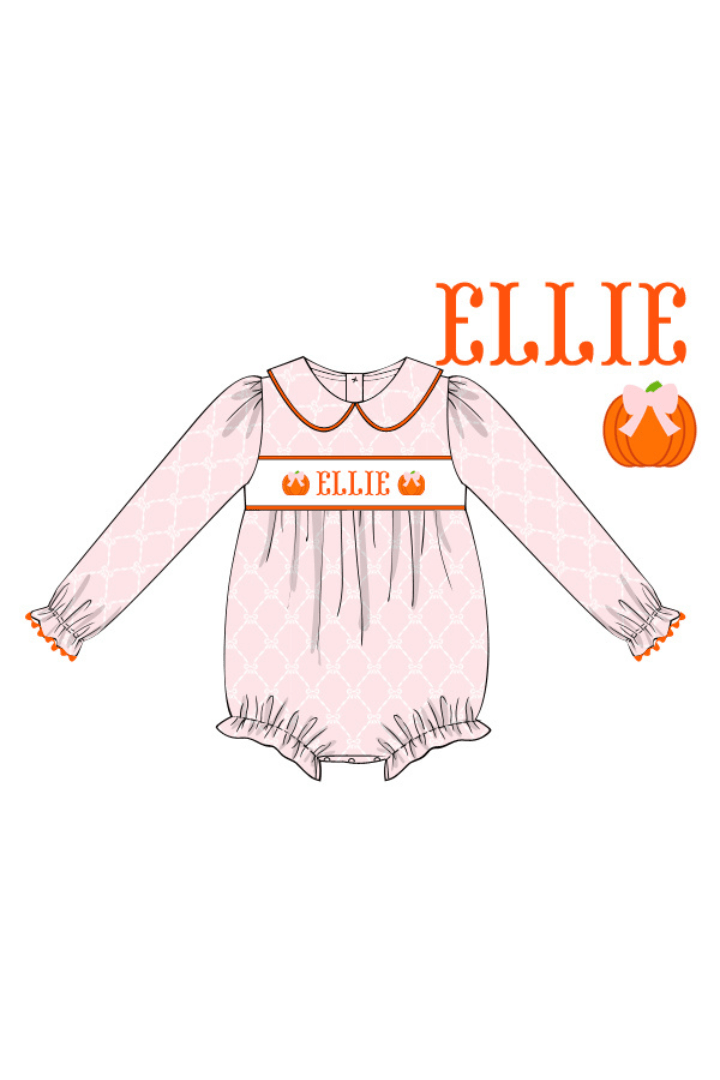 The Smocked Flamingo Pre-Order Hand Smocked Custom Name Pink Pumpkin Bow Long Sleeve Bubble