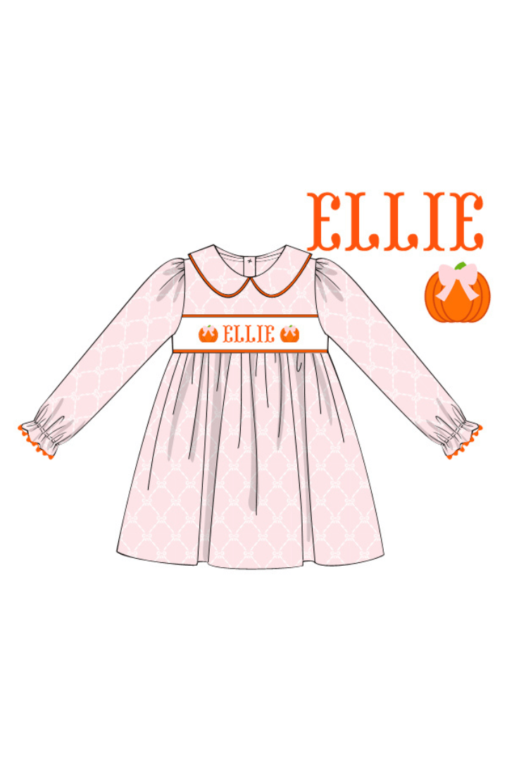 The Smocked Flamingo Pre-Order Hand Smocked Custom Name Pink Pumpkin Bow Long Sleeve Dress