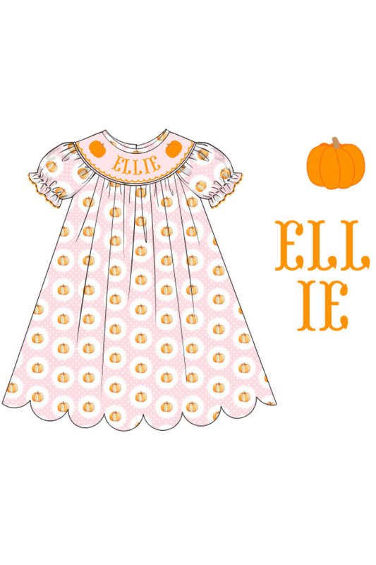 The Smocked Flamingo Pre-Order Hand Smocked Custom Name Pink Pumpkin Dress