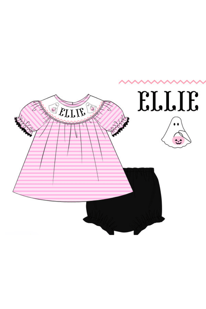 The Smocked Flamingo Pre-Order Hand Smocked Custom Name Pink Stripe Ghost Bloomer Set