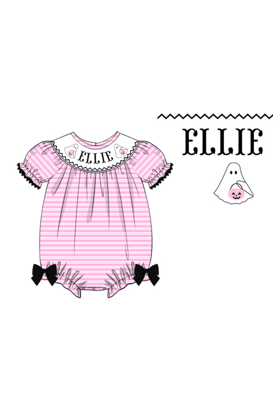 The Smocked Flamingo Pre-Order Hand Smocked Custom Name Pink Stripe Ghost Bubble