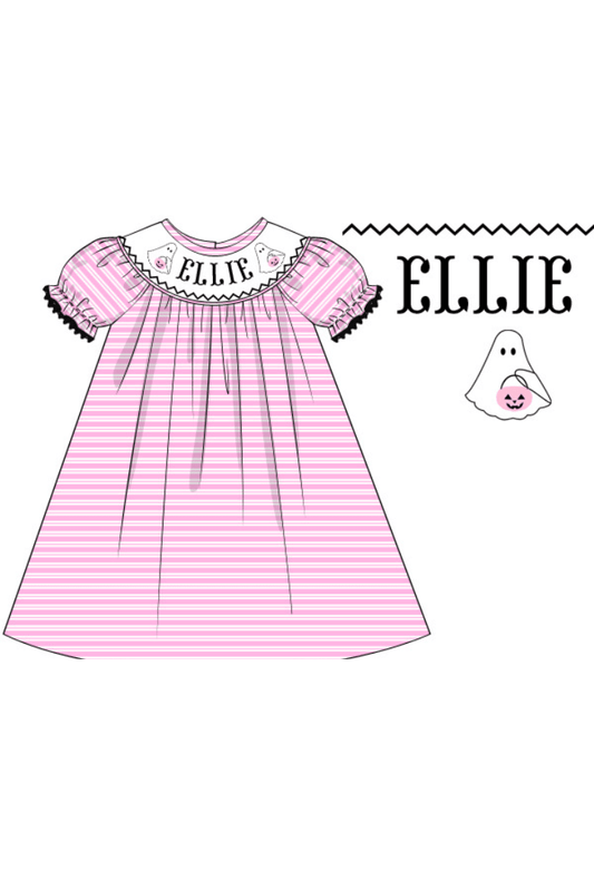 The Smocked Flamingo Pre-Order Hand Smocked Custom Name Pink Stripe Ghost Dress