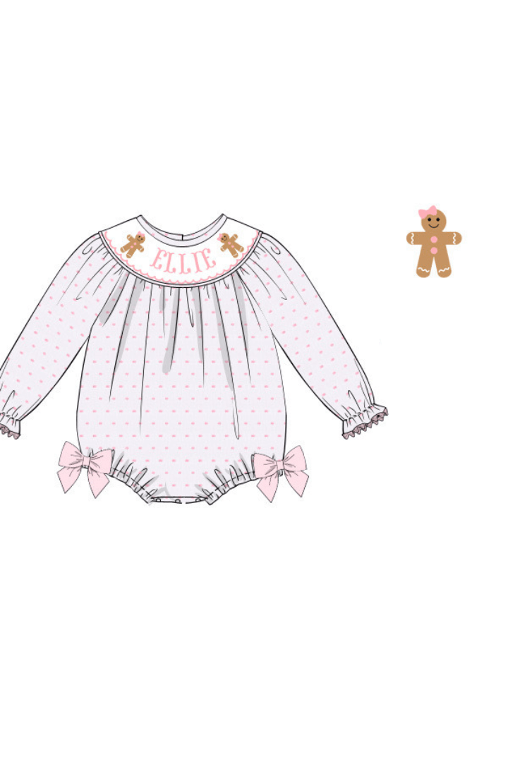 The Smocked Flamingo Pre-Order Hand Smocked Custom Name Pink Swiss Dot Gingerbread Bubble