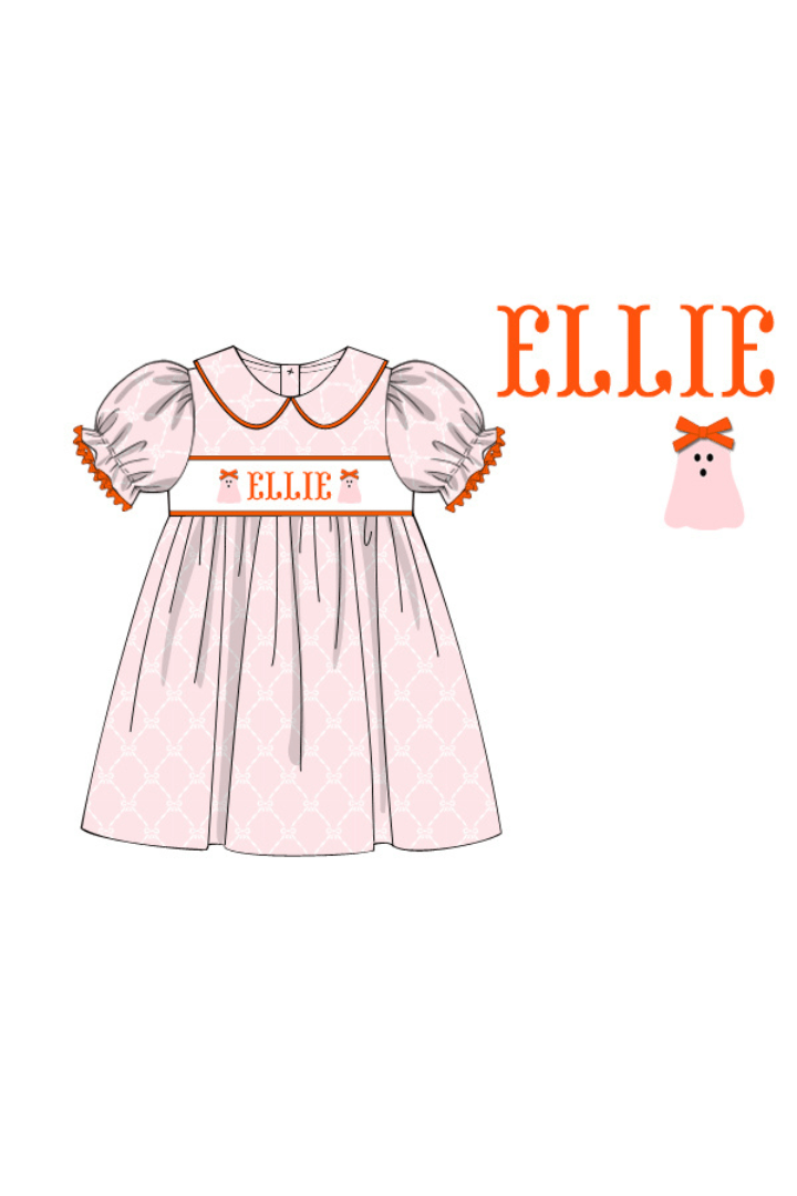 The Smocked Flamingo Pre-Order Hand Smocked Custom Name Pink Trellis Ghost Dress