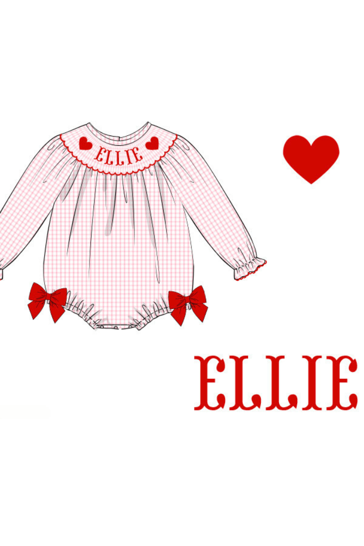 The Smocked Flamingo Pre-Order Hand Smocked Custom Name Pink Windowpane Heart Bubble