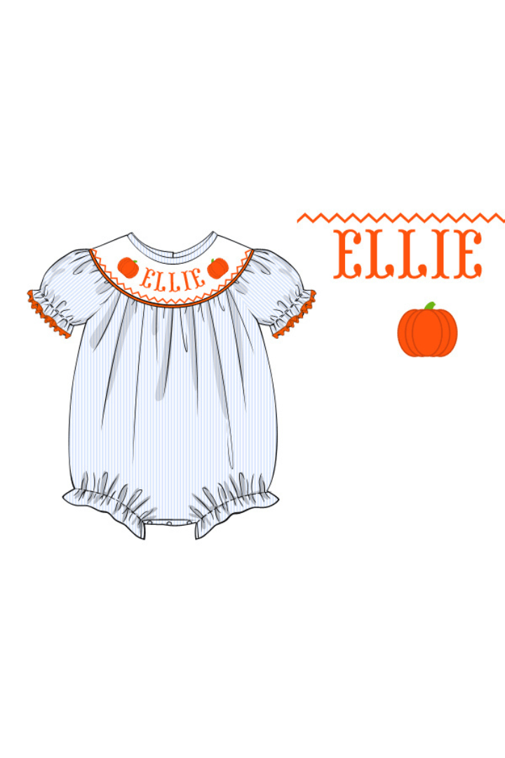 The Smocked Flamingo Pre-Order Hand Smocked Custom Name Pinstripe Pumpkin Bubble