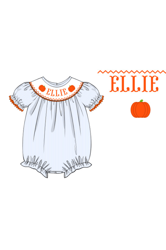 The Smocked Flamingo Pre-Order Hand Smocked Custom Name Pinstripe Pumpkin Bubble