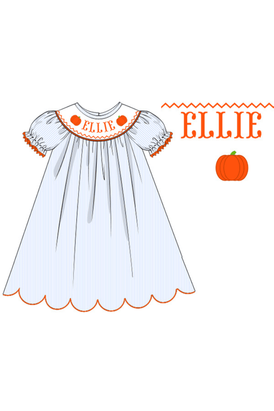 The Smocked Flamingo Pre-Order Hand Smocked Custom Name Pinstripe Pumpkin Dress
