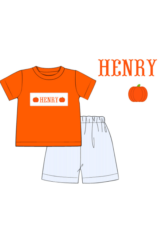 The Smocked Flamingo Pre-Order Hand Smocked Custom Name Pinstripe Pumpkin Short Set