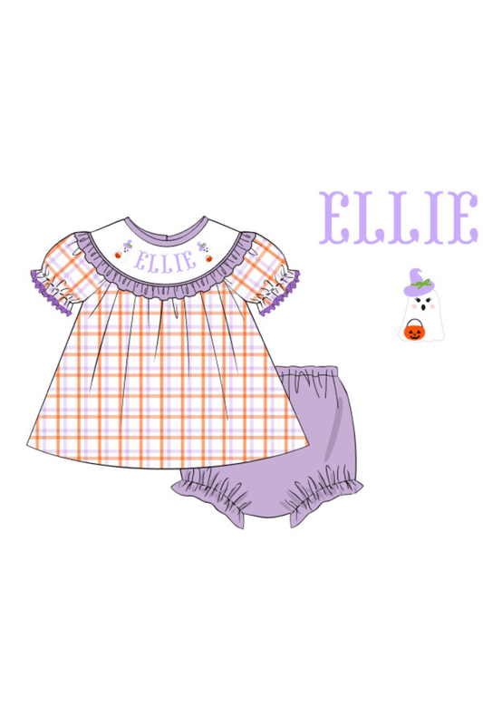 The Smocked Flamingo Pre-Order Hand Smocked Custom Name Plaid Ghost Witch Bloomer Set