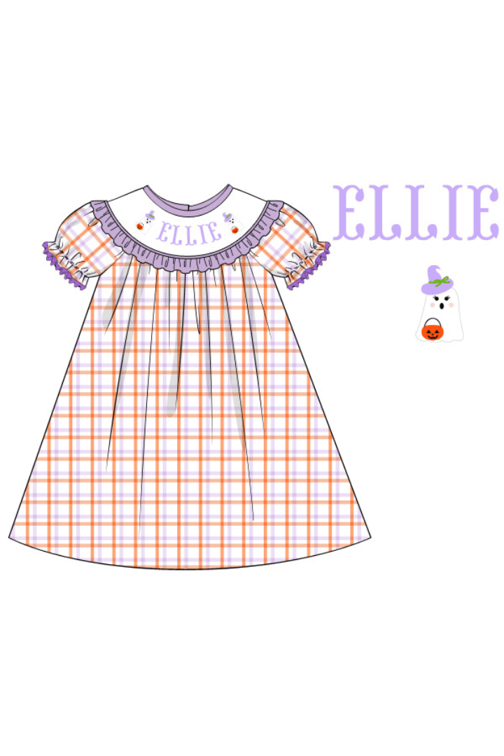 The Smocked Flamingo Pre-Order Hand Smocked Custom Name Plaid Ghost Witch Dress